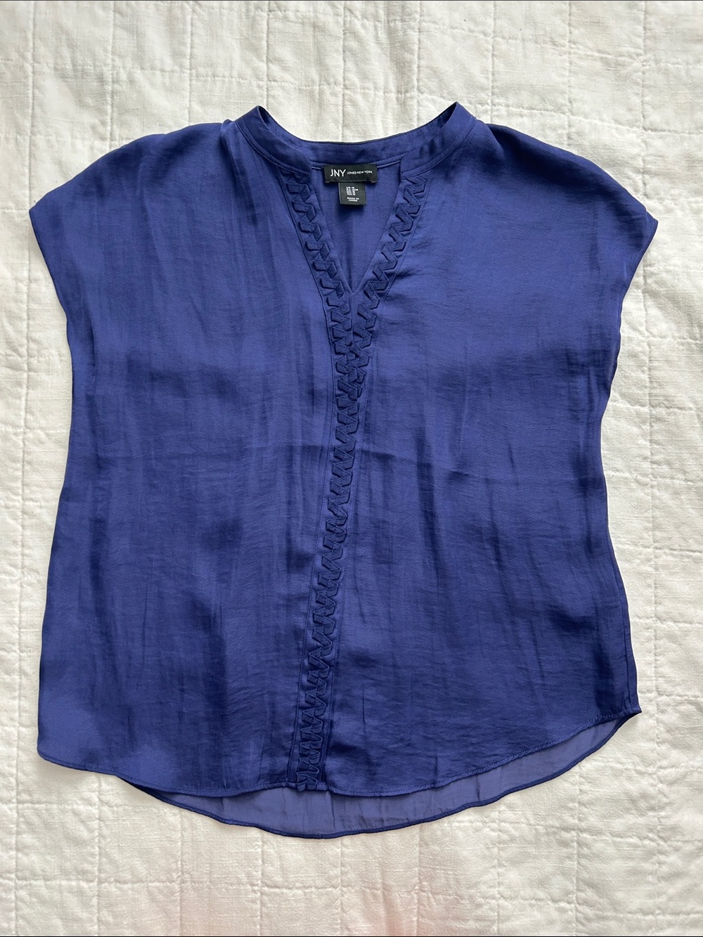 Jones New York Navy V-Neck Short Sleeve Blouse with Braided Trim
